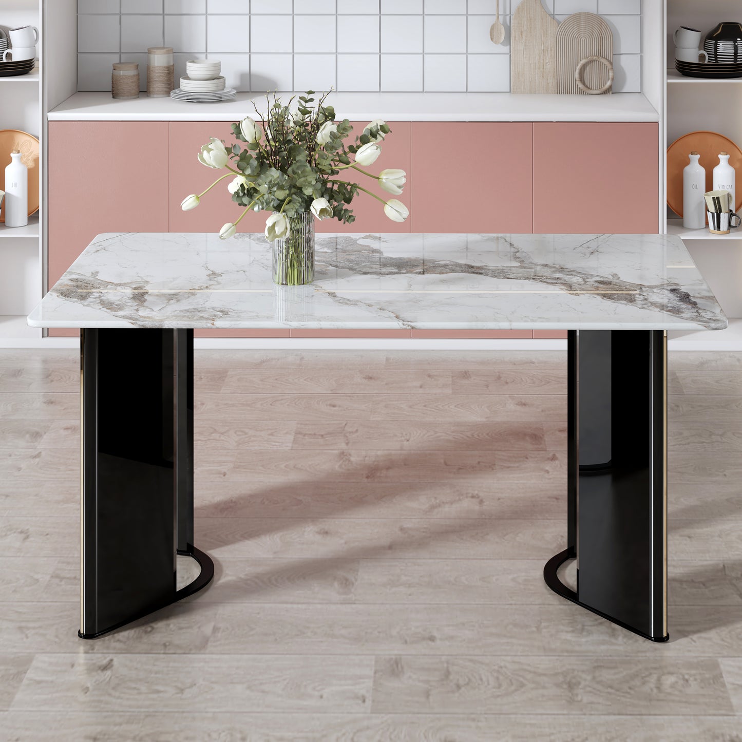 Dining Table with White Imitation Marble Tabletop and MDF Table Legs