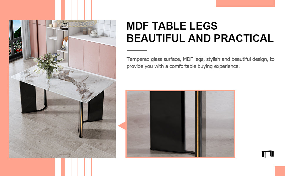 Dining Table with White Imitation Marble Tabletop and MDF Table Legs