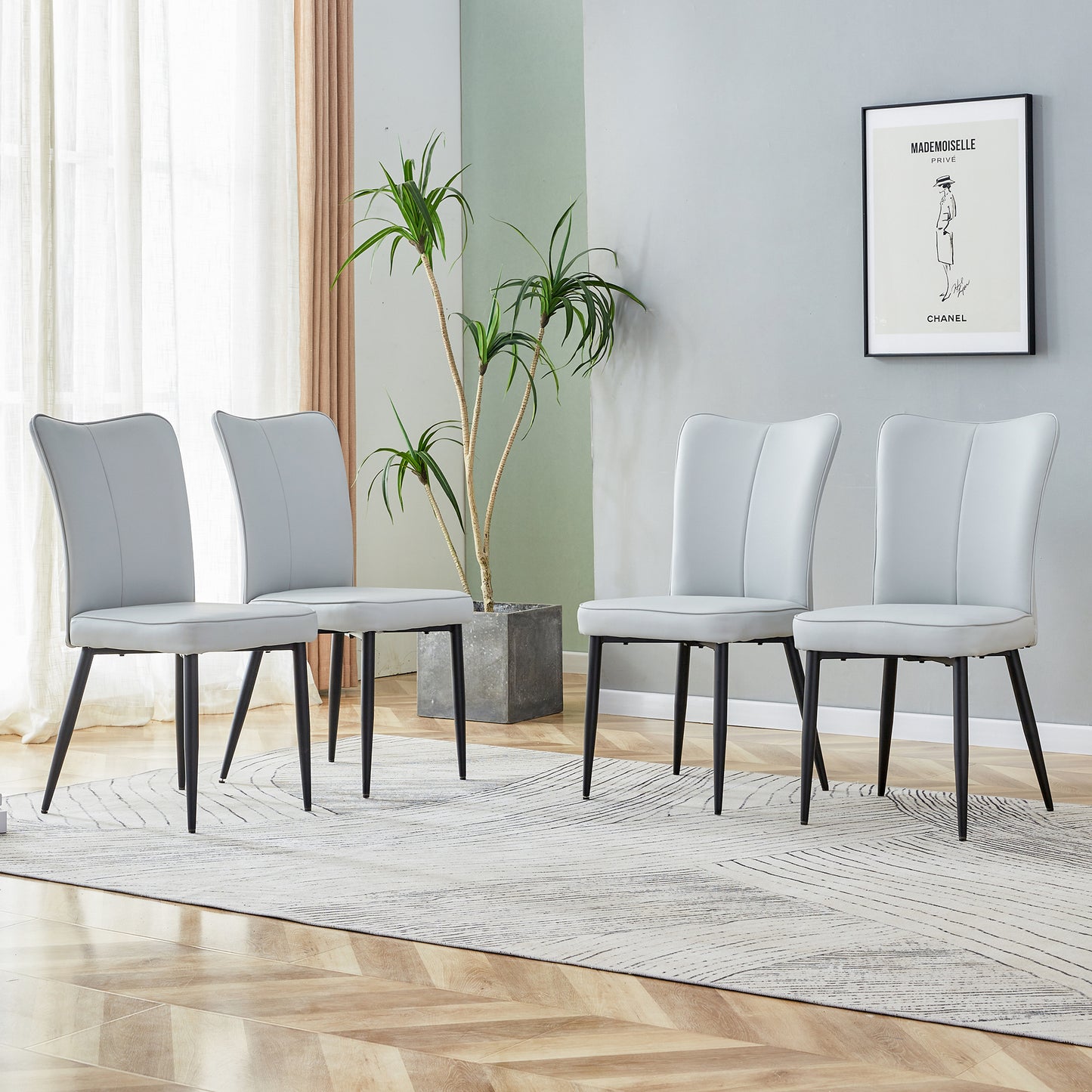 Set of 4 Dining Chairs Upholstered Seat Black Armless Side Chairs with Silver Metal Legs