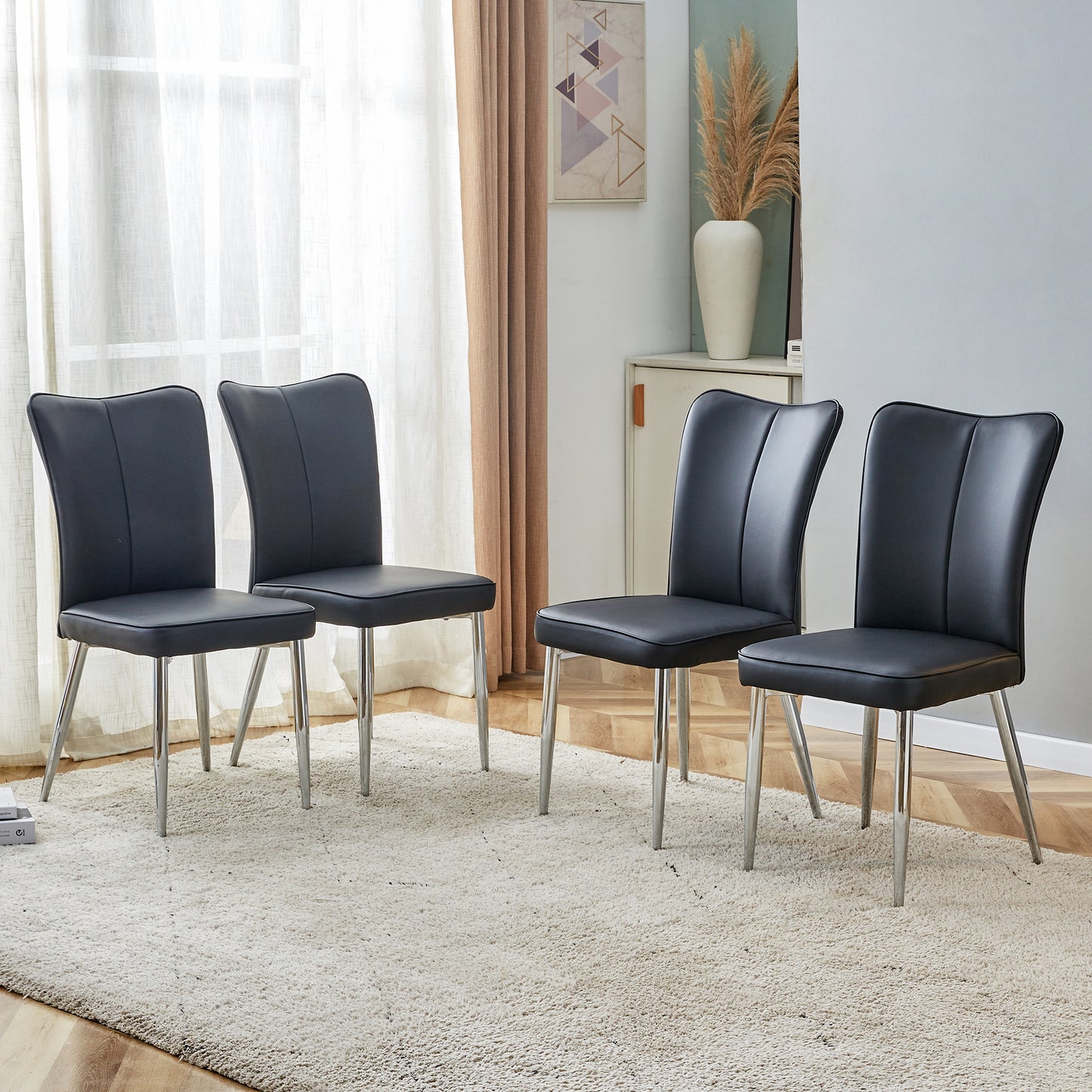 Set of 4 Dining Chairs Upholstered Seat Black Armless Side Chairs with Silver Metal Legs