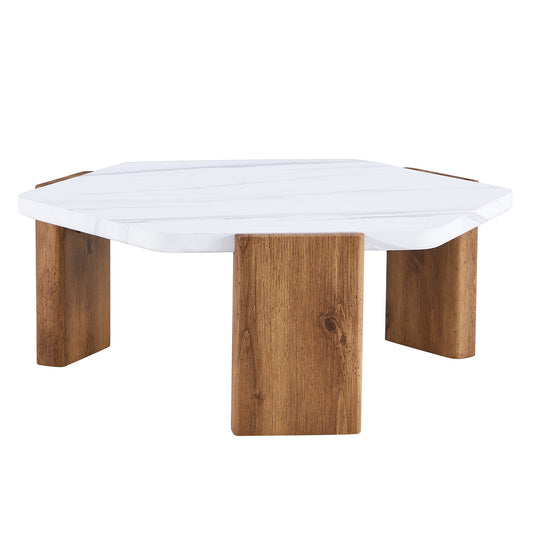 Modern Coffee Table with White Faux Marble Tabletop and Wooden Toned Legs