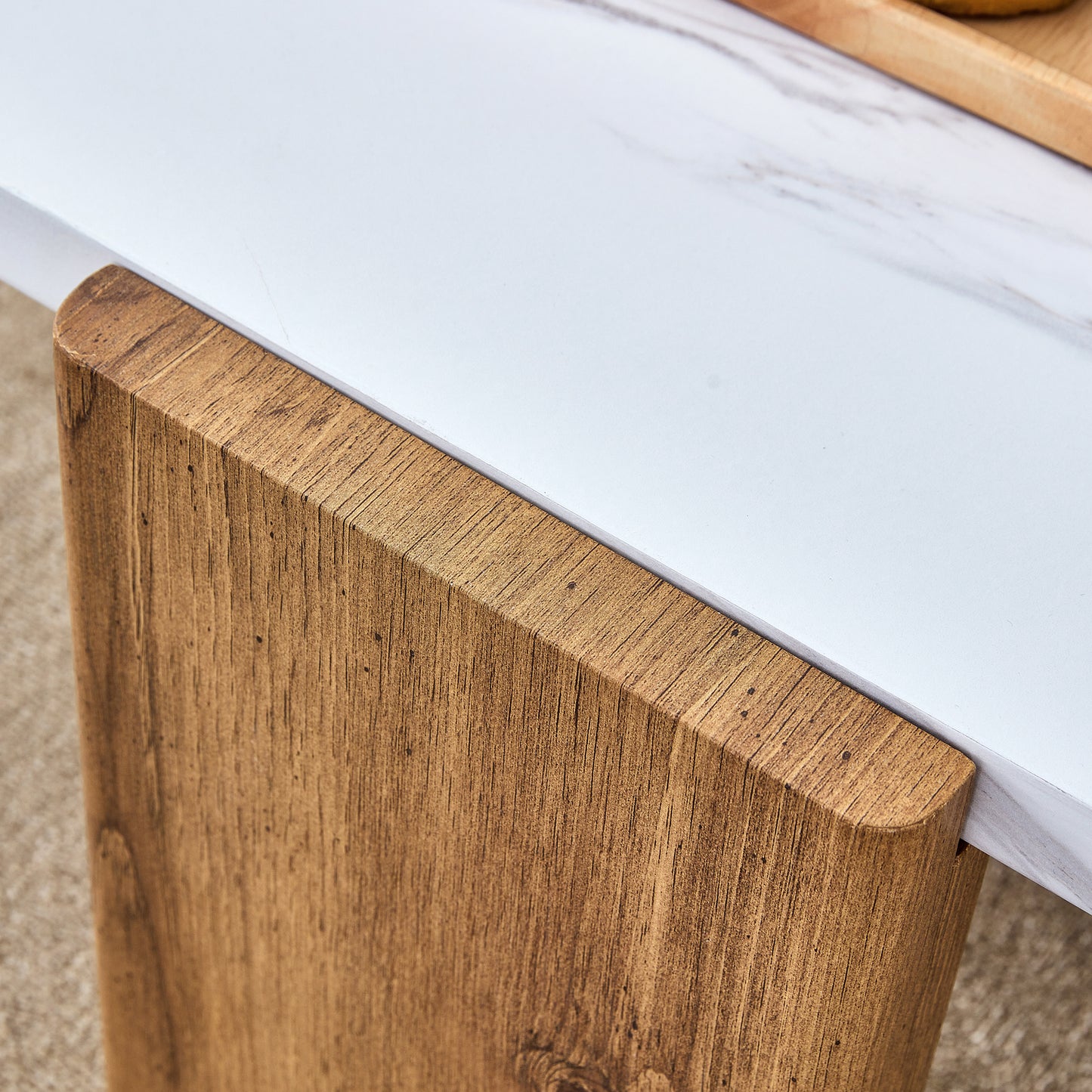 Modern Coffee Table with White Faux Marble Tabletop and Wooden Toned Legs