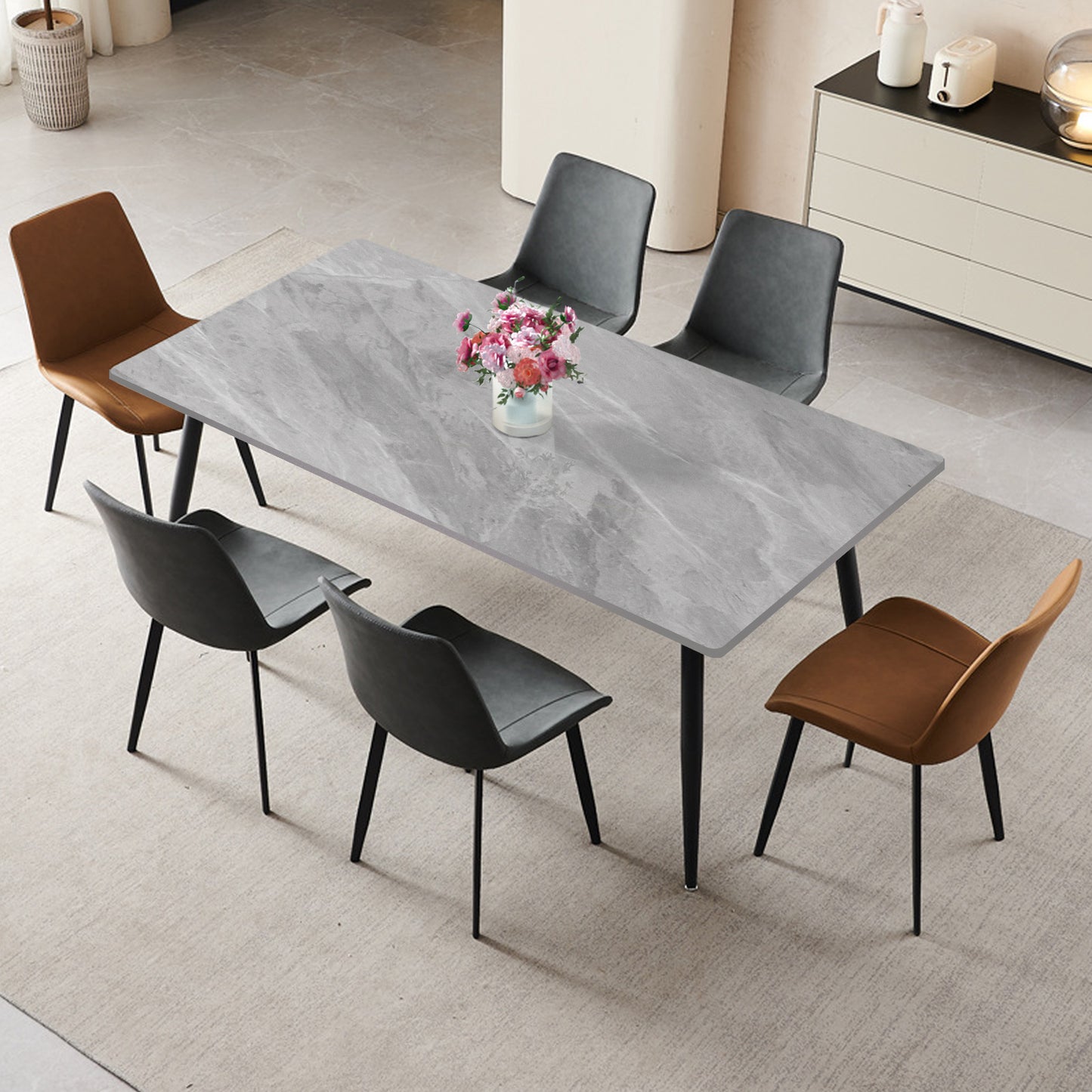 63" Modern Dining Table Marble Kitchen Table for 6